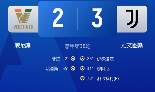 意甲-尤文3-2送威尼斯降级并进军欧冠，洛卡特利点射制胜